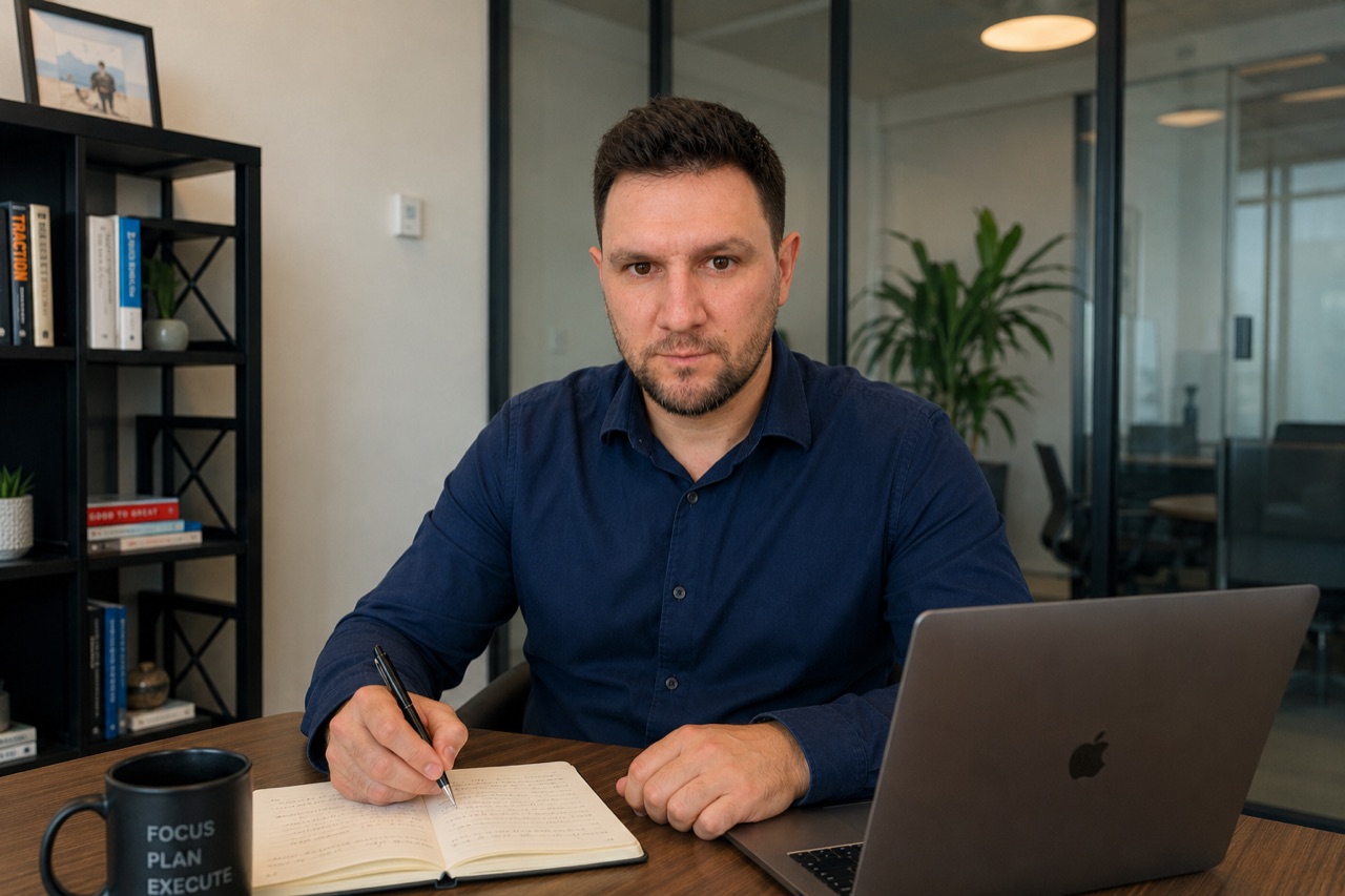 Ivan Dyakov working at a table with a laptop and notebook